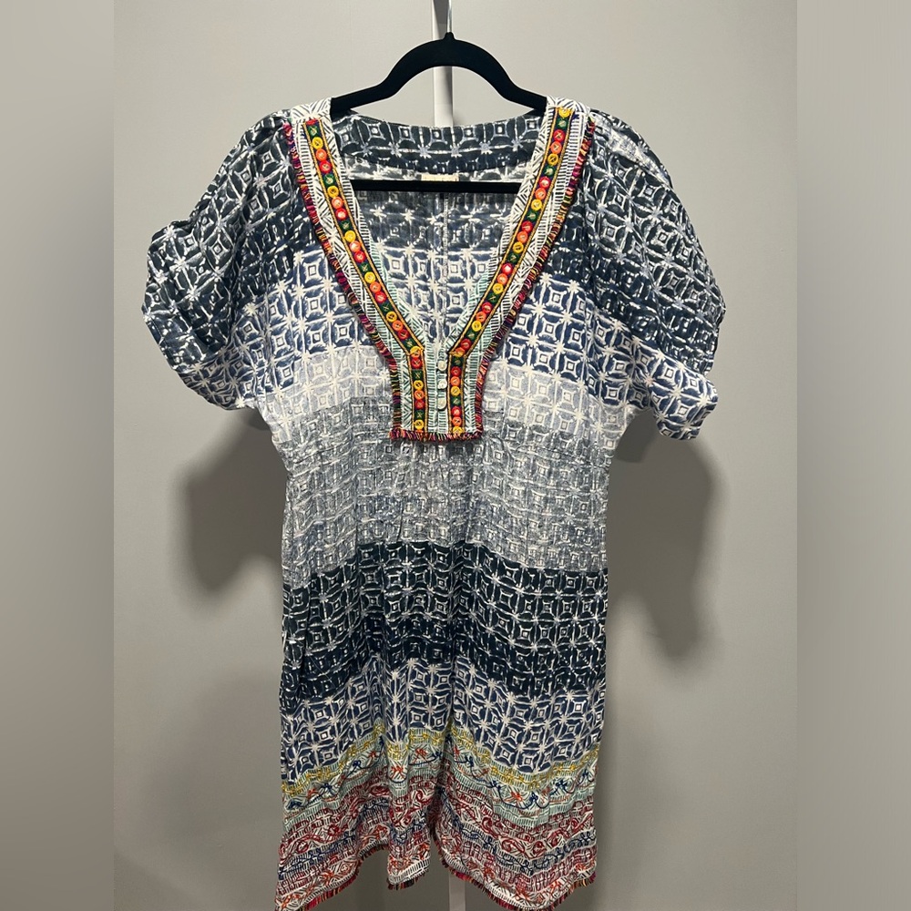 Lula Soul Anthropologie Multicolor Embroidery Rainbow Fringe Cotton Dress XL